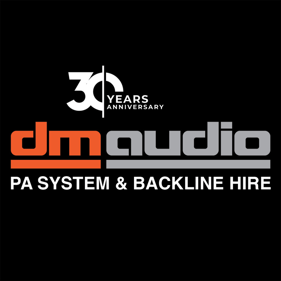 DM Audio logo. Text reads: '30 years anniversary. DM Audio PA system & backline hire.'