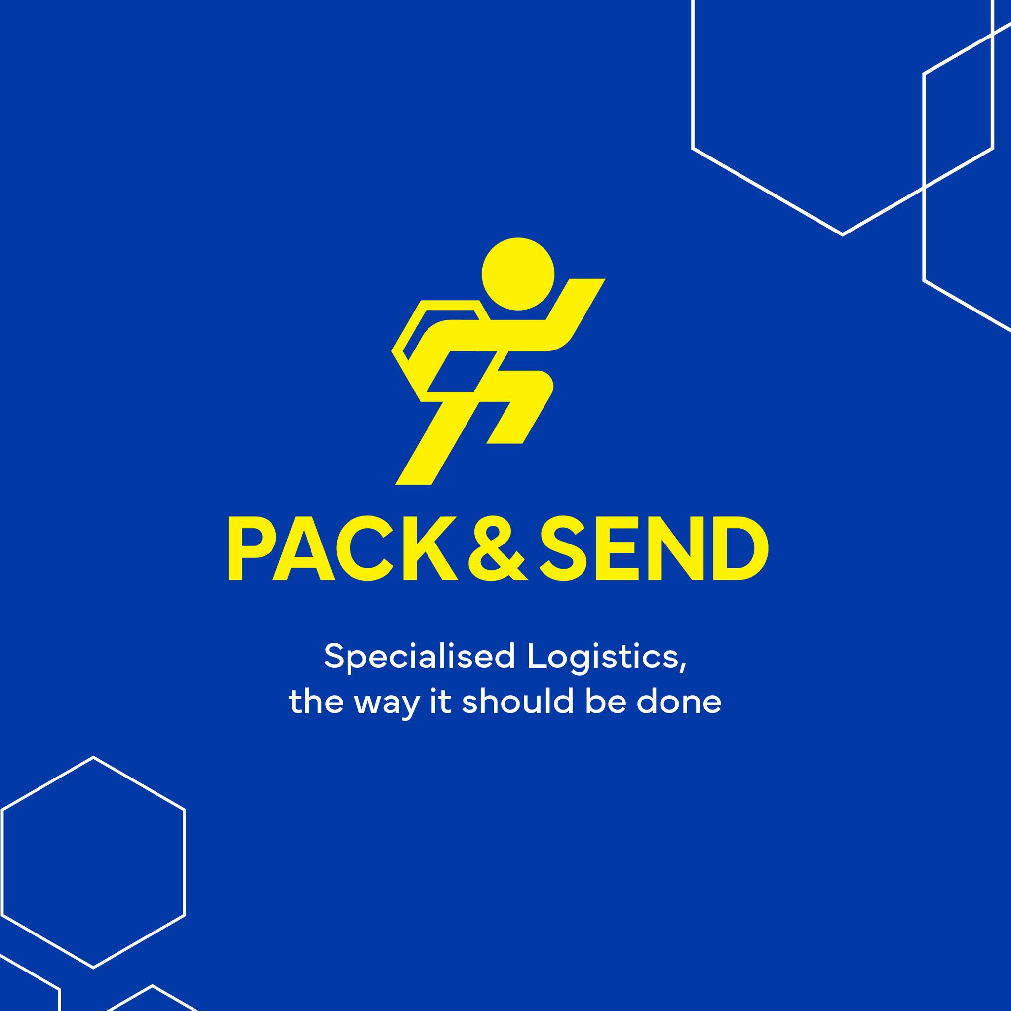 Logo for Pack & Send: a yellow stickman, carrying a parcel, on a blue background, accompanied by the words: 'Pack & Send. Specialised Logistics, the way it should be done.'