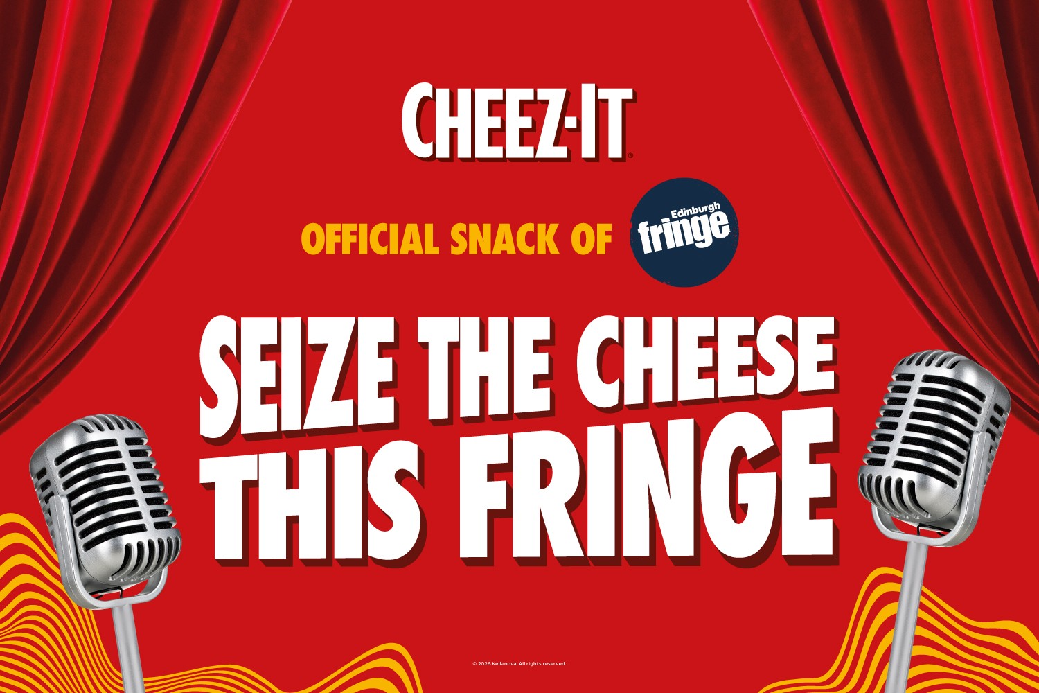 Against a red background, a graphic of theatre curtains and microphones accompanied by the words: 'Cheez-It, official snack of the Edinburgh Fringe. Seize the cheese this Fringe.'