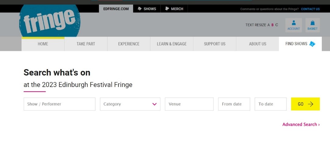 Screengrab of edfringe.com search function
