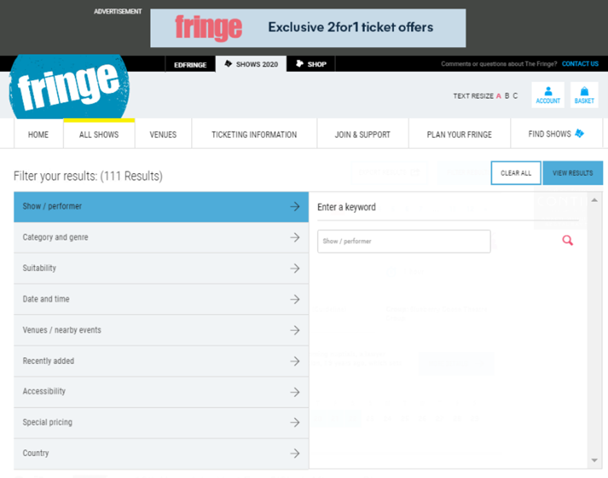 Screengrab of edfringe.com advanced search filters